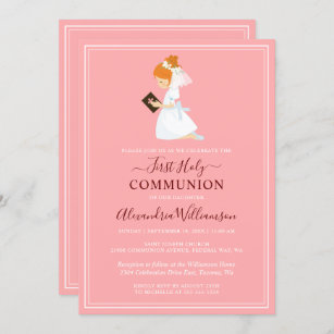 First Communion Red Haired Girl Peach Pink Invitation
