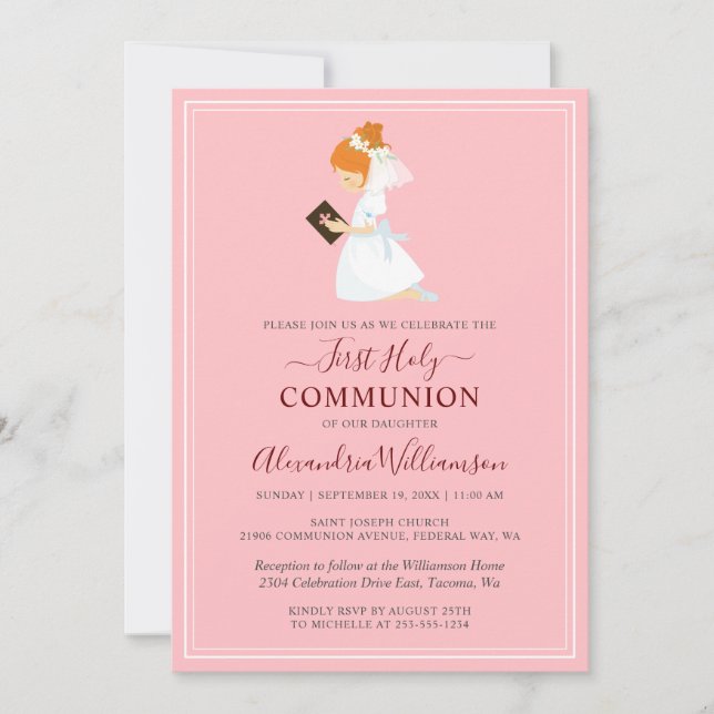 First Communion Red Haired Girl Pink Invitation (Front)