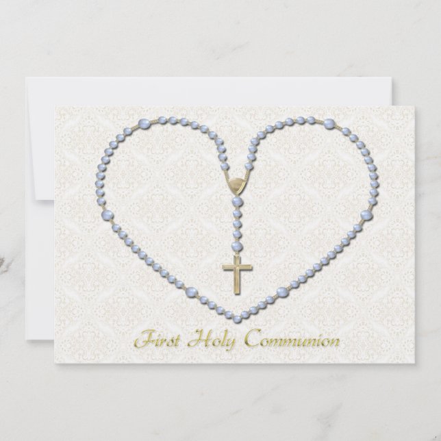 First Communion Rosary Heart Blue Invitation (Front)