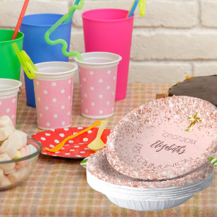 First Communion rose gold confetti girl name Paper Plate
