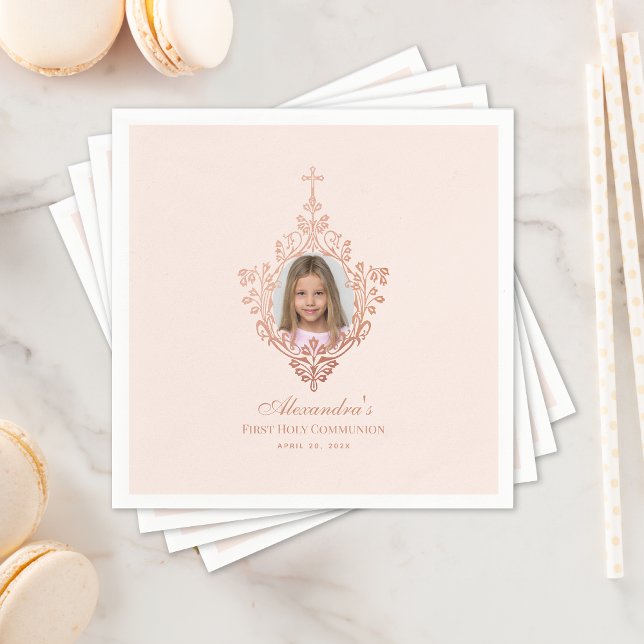 First Communion Rose Gold Cross Girl Photo Blush  Napkin (Creator Uploaded)