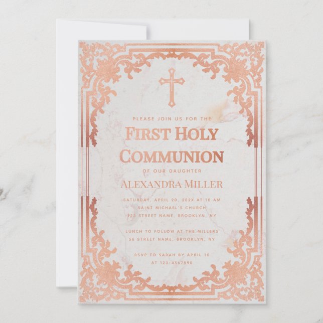 First Communion Rose Gold Elegant Vintage Marble Invitation (Front)