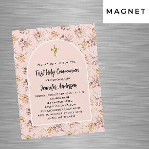 First Communion rose gold flowers pampas luxury Magnetic Invitation