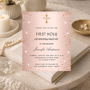 First communion rose gold glitter girl invitation postcard