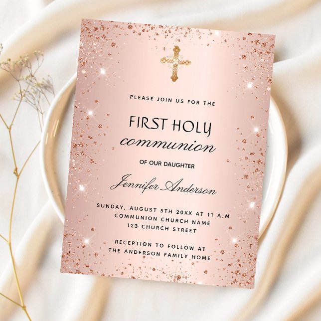 First communion rose gold glitter girl invitation postcard (Creator Uploaded)