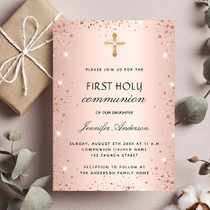 First communion rose gold glitter luxury invitation