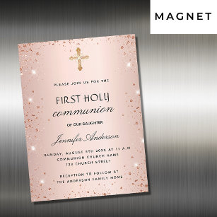 First communion rose gold glitter luxury magnetic invitation