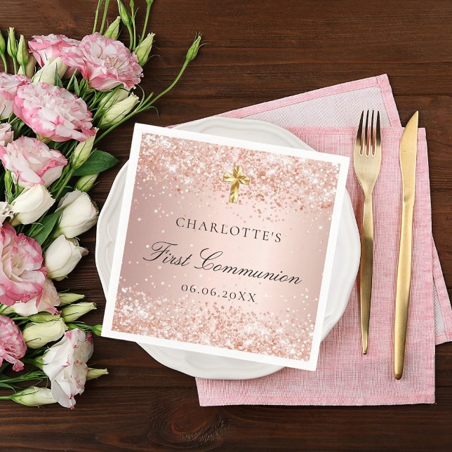 First Communion rose gold glitter name Napkin (Creator Uploaded)