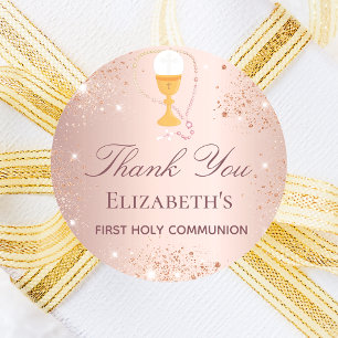 First communion rose gold glitter thank you classic round sticker
