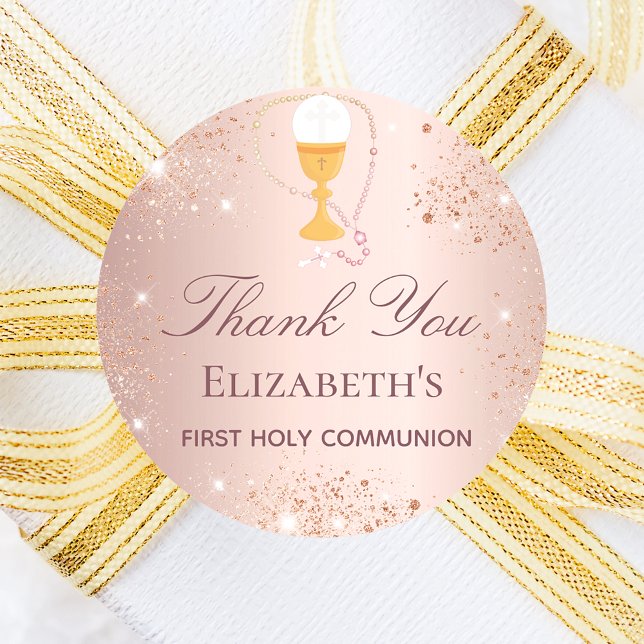 First communion rose gold glitter thank you classic round sticker (Creator Uploaded)