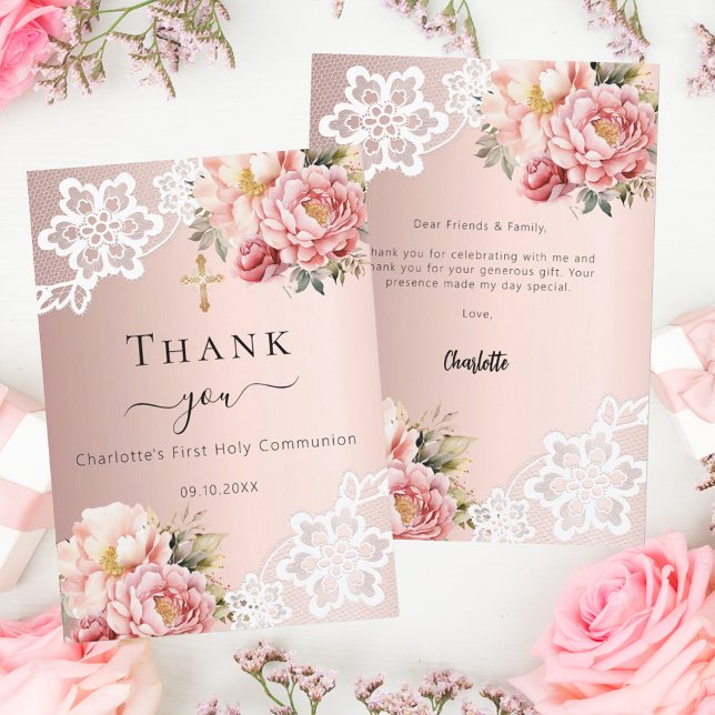 First Communion rose gold pink floral lace Thank You Card (Creator Uploaded)