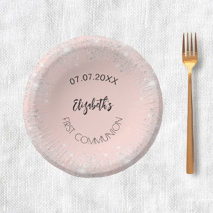 First Communion rose gold silver glitter girl name Paper Plate