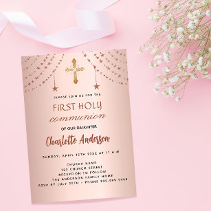 First communion rose gold stars modern girl luxury invitation