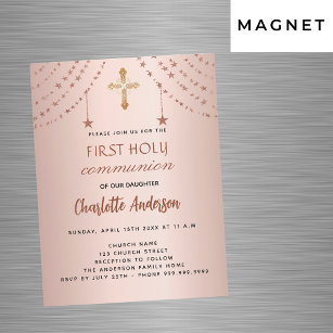 First communion rose gold stars modern girl luxury magnetic invitation