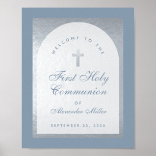 First Communion Silver Arch Dusty Blue Welcome Poster