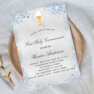 First communion silver blue boy invitation