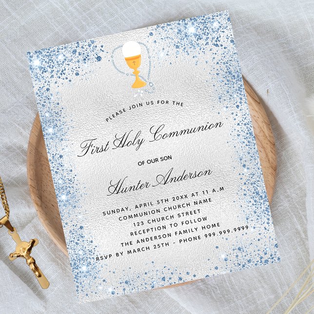 First communion silver blue budget invitation flyer (Creator Uploaded)