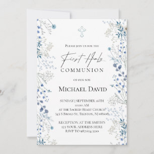 First Communion small blue watercolor flowers Invitation