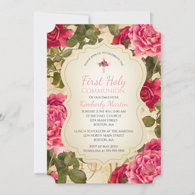 First Communion Vintage Pink Roses Floral Invitation (Front)
