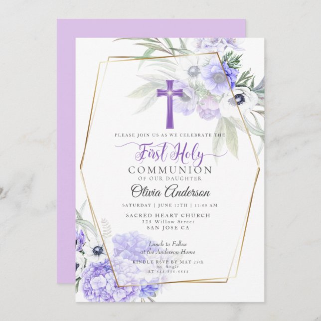 FIRST COMMUNION | Violet Anemone Floral Cross Invitation (Front/Back)