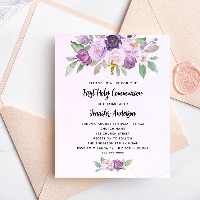 First Communion violet flowers budget invitation (Creator Uploaded)