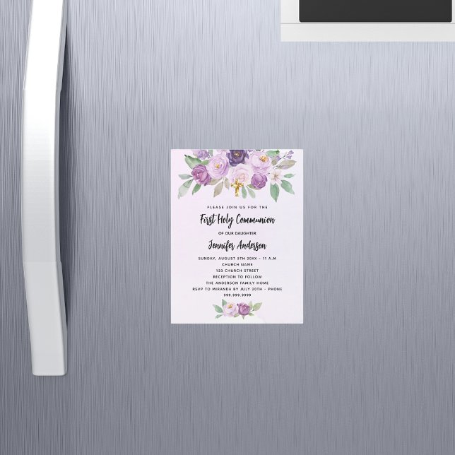 First Communion violet flowers cross luxury Magnetic Invitation (Creator Uploaded)