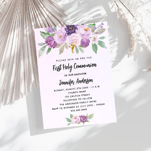 First Communion violet flowers greenery cross Invitation