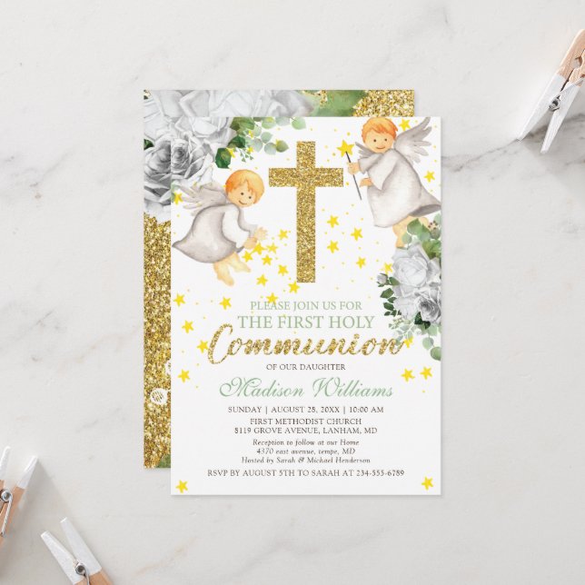 First Communion Watercolor Angels Gold Glitter  Invitation (Front/Back In Situ)