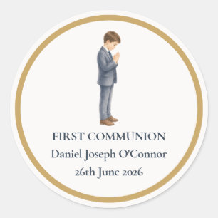 First Communion Watercolor Boy Classic Round Sticker