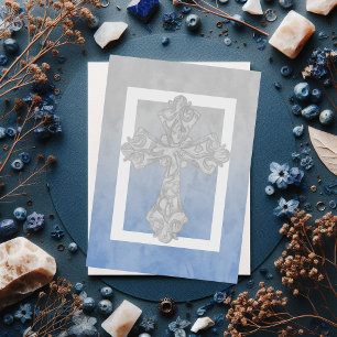 First Communion Watercolor Cross Grey and Blue Invitation