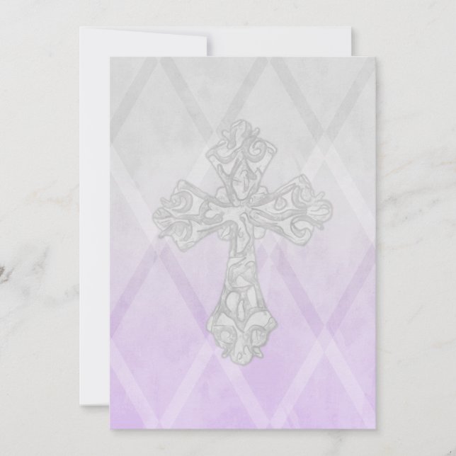 First Communion Watercolor Cross Grey and Lavender Invitation (Front)