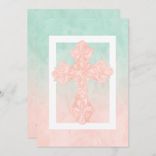 First Communion Watercolor Cross Peach and Mint Invitation