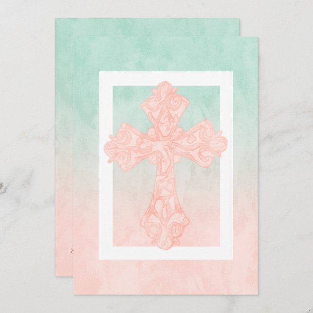 First Communion Watercolor Cross Peach and Mint Invitation (Front/Back)