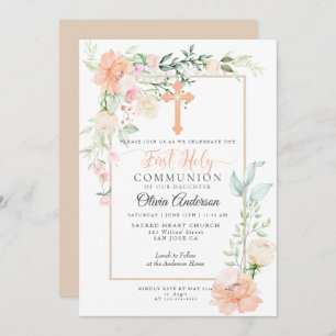 First Communion  Watercolor Pastel Spring Flower 2 Invitation