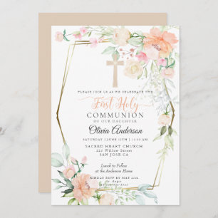 First Communion   Watercolor Pastel Spring Flowers Invitation