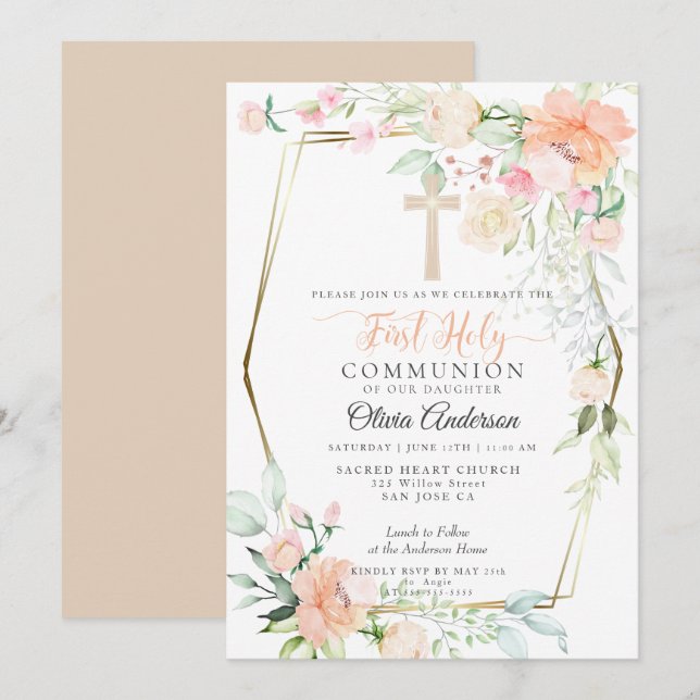 First Communion | Watercolor Pastel Spring Flowers Invitation (Front/Back)