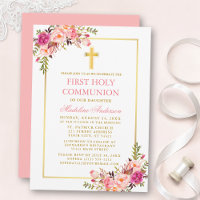 First Communion Watercolor Pink Blush Floral Gold