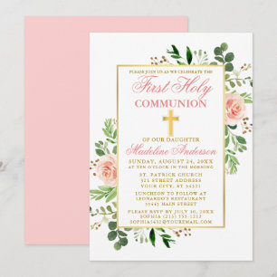 First Communion Watercolor Pink Roses Greenery Invitation