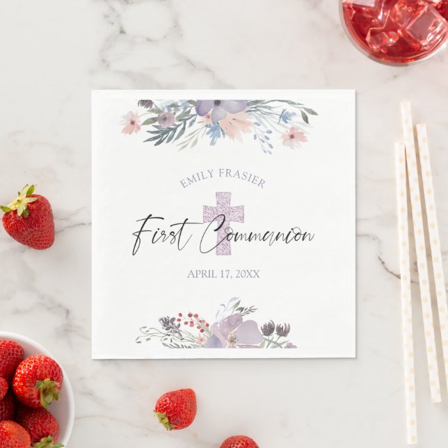 First Communion Watercolor Wildflower Purple Cross Napkin (Insitu)