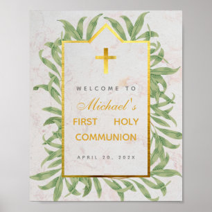 First Communion Welcome Greenery Faux Gold Marble Poster