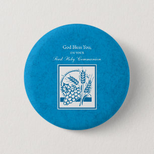 First Communion, Wheat, Grapes Blue 6 Cm Round Badge
