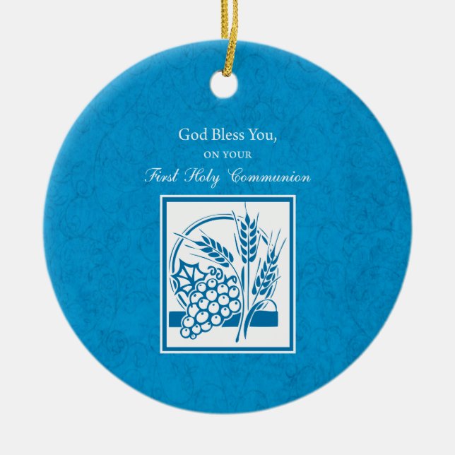 First Communion, Wheat, Grapes Blue Ceramic Tree Decoration (Front)