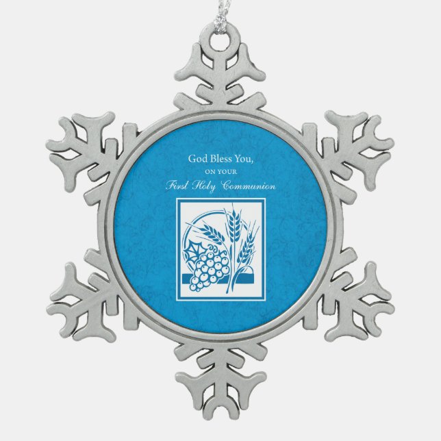 First Communion, Wheat, Grapes Blue Snowflake Pewter Christmas Ornament (Front)
