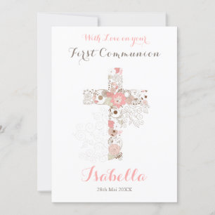 First communion white floral cross name card