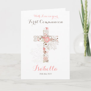First communion white floral cross name card