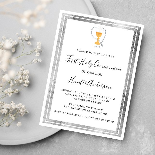 First Communion white silver chalice host Invitation (Creator Uploaded)