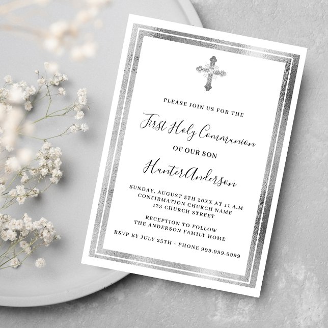 First Communion white silver cross luxury Invitation (Creator Uploaded)