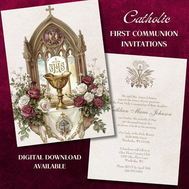 First CommunionChalice Host Burgundy White Roses  Invitation (Creator Uploaded)