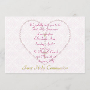 First CommunionPink Rosary Beads Heart Invitation