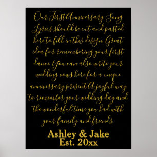 First Dance Song Lyrics Anniversary Gift Newlywed Poster
